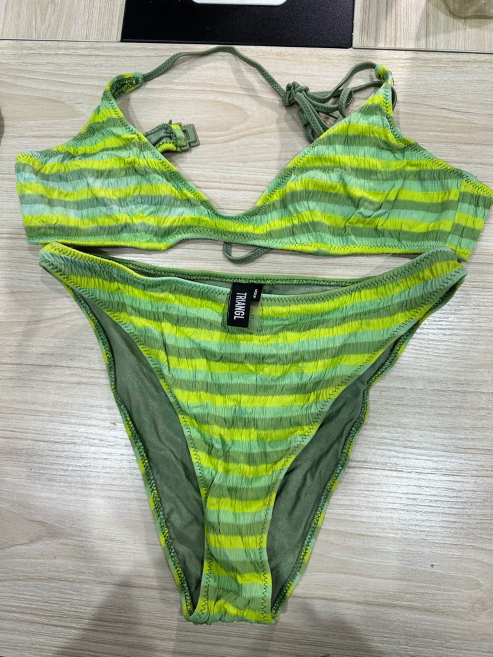 triangl swimwear Green & Neon Yellow Ribbed Stripe Bikini Set